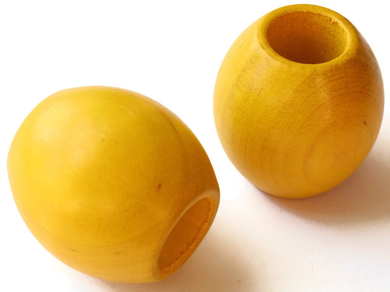 2 36mm Yellow Wood Oval Large Hole Beads Vintage Wooden Barrel Beads Chunky Macrame Beads